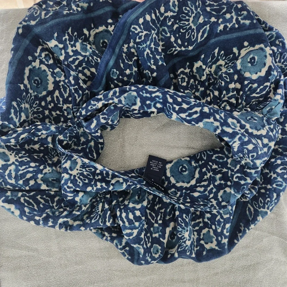 90s 00s Ralph Lauren Girls Blue White Floral‎ Linen Blend Wrap Ruffle Skirt 7